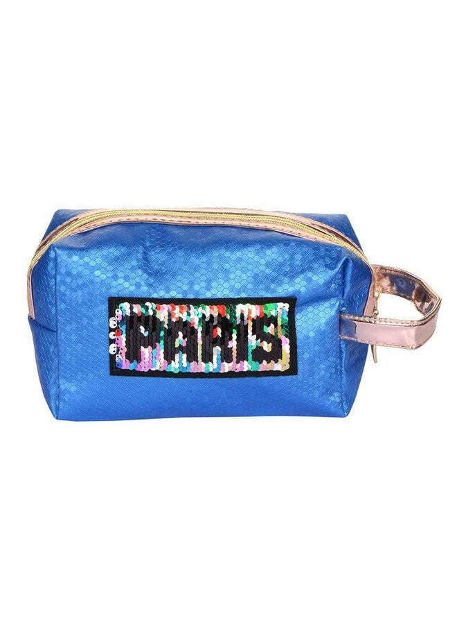STRIPES Portable Waterproof Pu Blue Colour Toiletries Makeup Pouch Travel Kit Bag Stylish Pouch For Makeup Accessories Pouch For Women And Girls (With Colourful Sequins Paris Patch)  - Image 2
