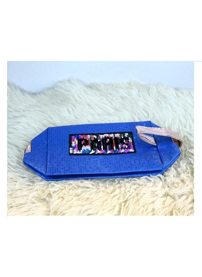 STRIPES Portable Waterproof Pu Blue Colour Toiletries Makeup Pouch Travel Kit Bag Stylish Pouch For Makeup Accessories Pouch For Women And Girls (With Colourful Sequins Paris Patch)  - Image 4