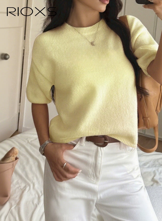 ريوكس سترة نسائية بأكمام قصيرة، سترات محبوكة برقبة مستديرة للسيدات، بلوزات خفيفة الوزن للخريف، ملابس عمل رسمية للسفر والارتداء اليومي، لون أصفر - Image 1