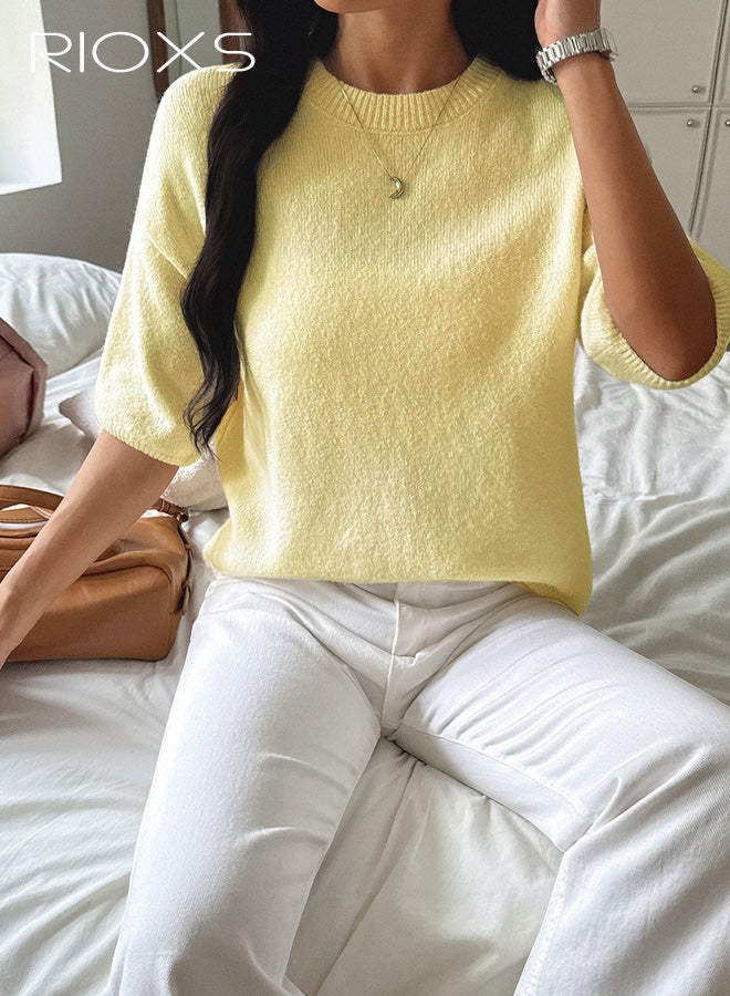 ريوكس سترة نسائية بأكمام قصيرة، سترات محبوكة برقبة مستديرة للسيدات، بلوزات خفيفة الوزن للخريف، ملابس عمل رسمية للسفر والارتداء اليومي، لون أصفر - Image 2