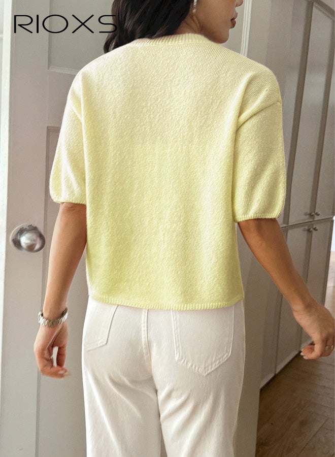 ريوكس سترة نسائية بأكمام قصيرة، سترات محبوكة برقبة مستديرة للسيدات، بلوزات خفيفة الوزن للخريف، ملابس عمل رسمية للسفر والارتداء اليومي، لون أصفر - Image 3