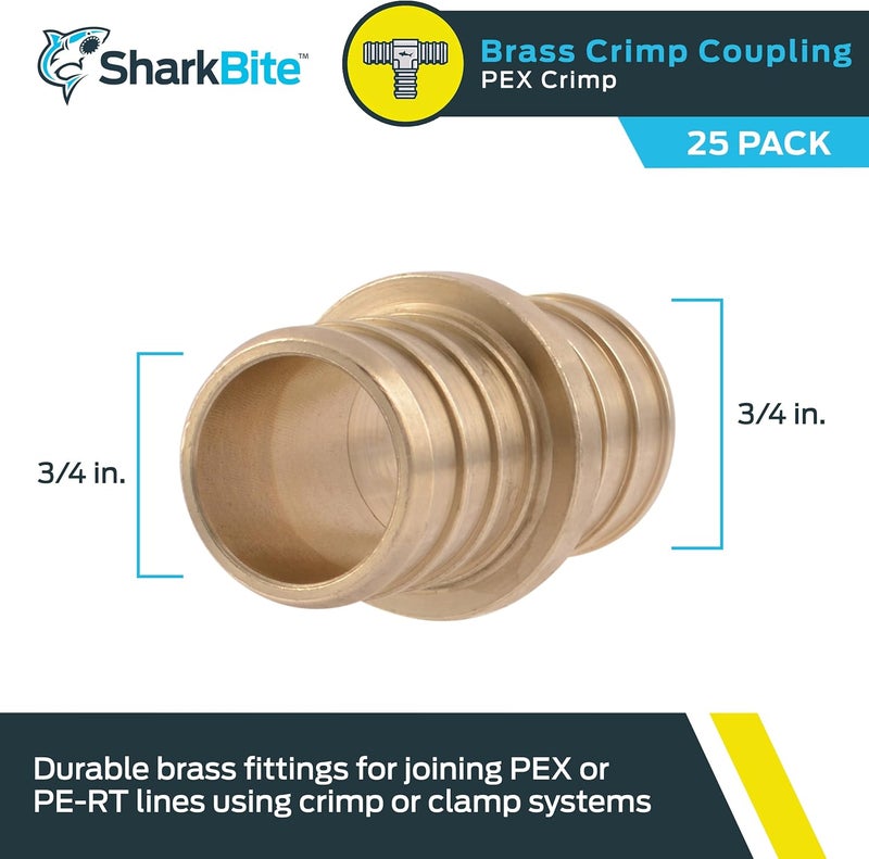 SharkBite 3/4 Inch Crimp Coupling, Pack of 25, Brass Plumbing Fitting, PEX Pipe, PE-RT, UC016LF - Image 2