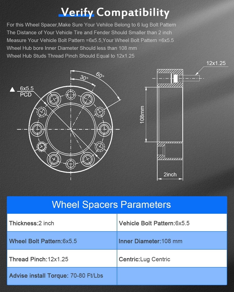 ECCPP مجموعة فواصل العجلات ECCPP 2PCS 2" 6 لوج 6x5.5 إلى 6x5.5 12x1.25 دبابيس 108 مم - Image 4