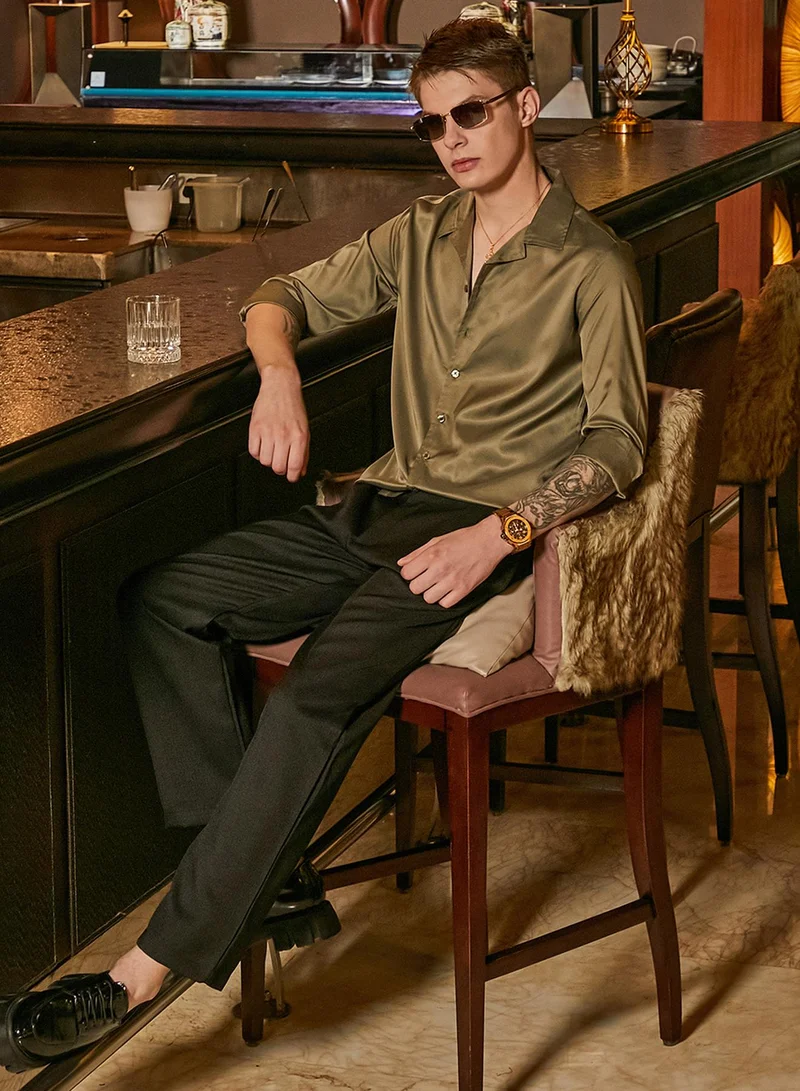 Campus Sutra Men's Olive Green Solid Cuban Shirt