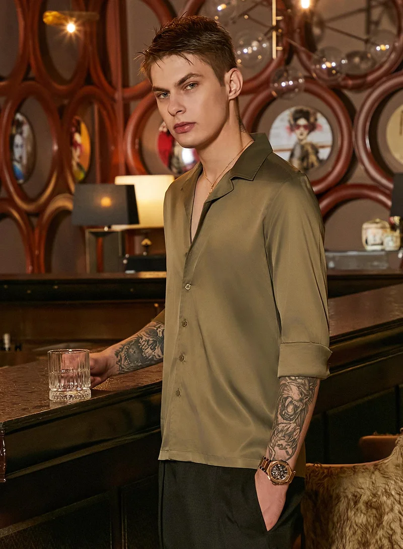 Campus Sutra Men's Olive Green Solid Cuban Shirt