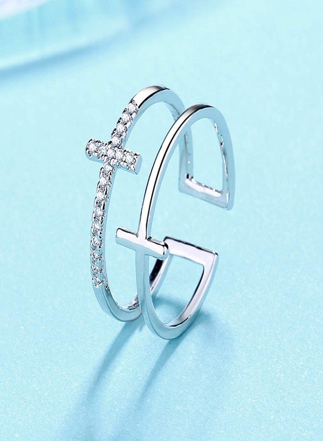OIDIMS Dainty Cross Cubic Zirconia Open Rings for Women Men Hypoallergenic Minimalist Double Line Band Adjustable Expandable Finger Ring Sparkly Cz Faith Fashion Statement Wedding Stacking Jewelry - Image 2