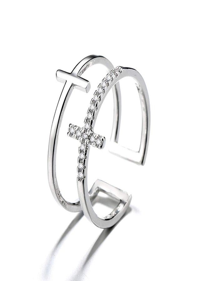 OIDIMS Dainty Cross Cubic Zirconia Open Rings for Women Men Hypoallergenic Minimalist Double Line Band Adjustable Expandable Finger Ring Sparkly Cz Faith Fashion Statement Wedding Stacking Jewelry - Image 1