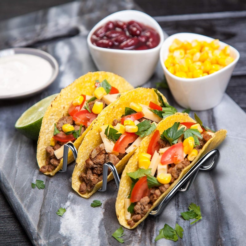 WIDBI Premium Taco Holders - 4 Pack Stainless Steel Taco Stands - Holds 12 Tacos - Fits Most Plates & Air Fryers - Dishwasher & Oven Safe - Stackable Trays - Racks Hold Soft & Hard Shell Tacos - Image 4