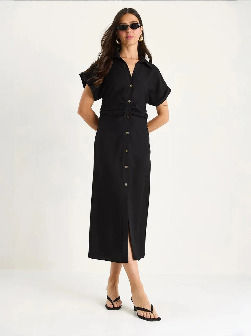 Bianco Lucci LUCCI V-neck Midi Dress with Button Closure