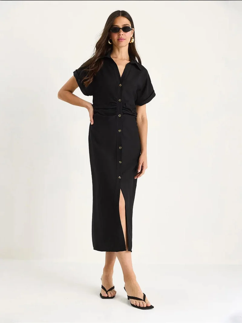 Bianco Lucci LUCCI V-neck Midi Dress with Button Closure