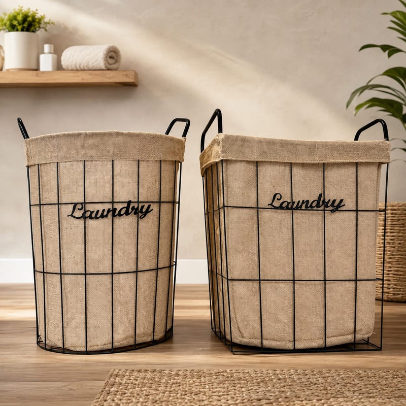 White and beige square linen laundry basket with a medium metal stand