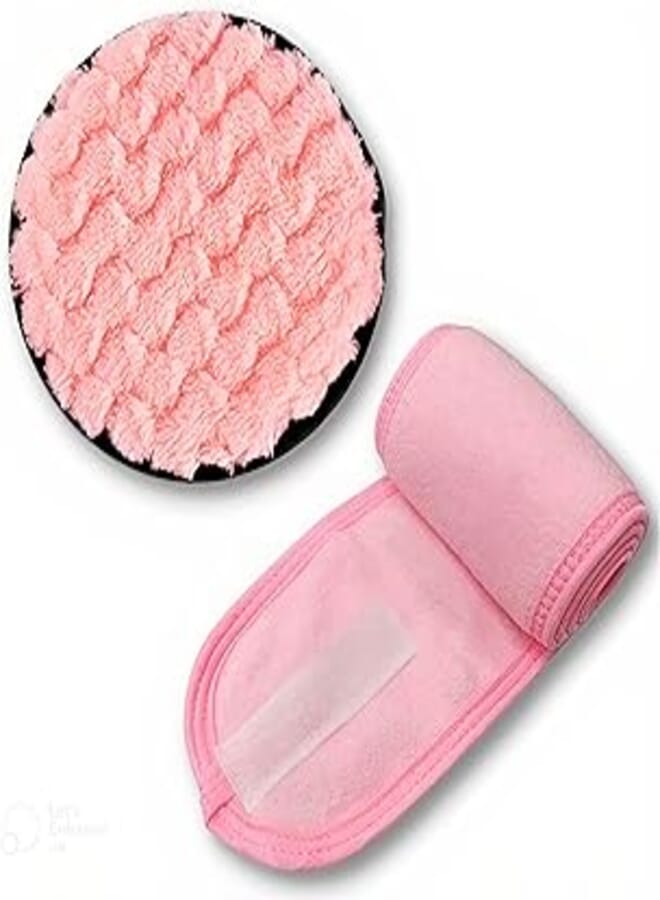 Set of makeup remover pads reusable rounds soft facial cleaning puffs towels double - side washable makeup removing cloth microfiber with pink hair band.
