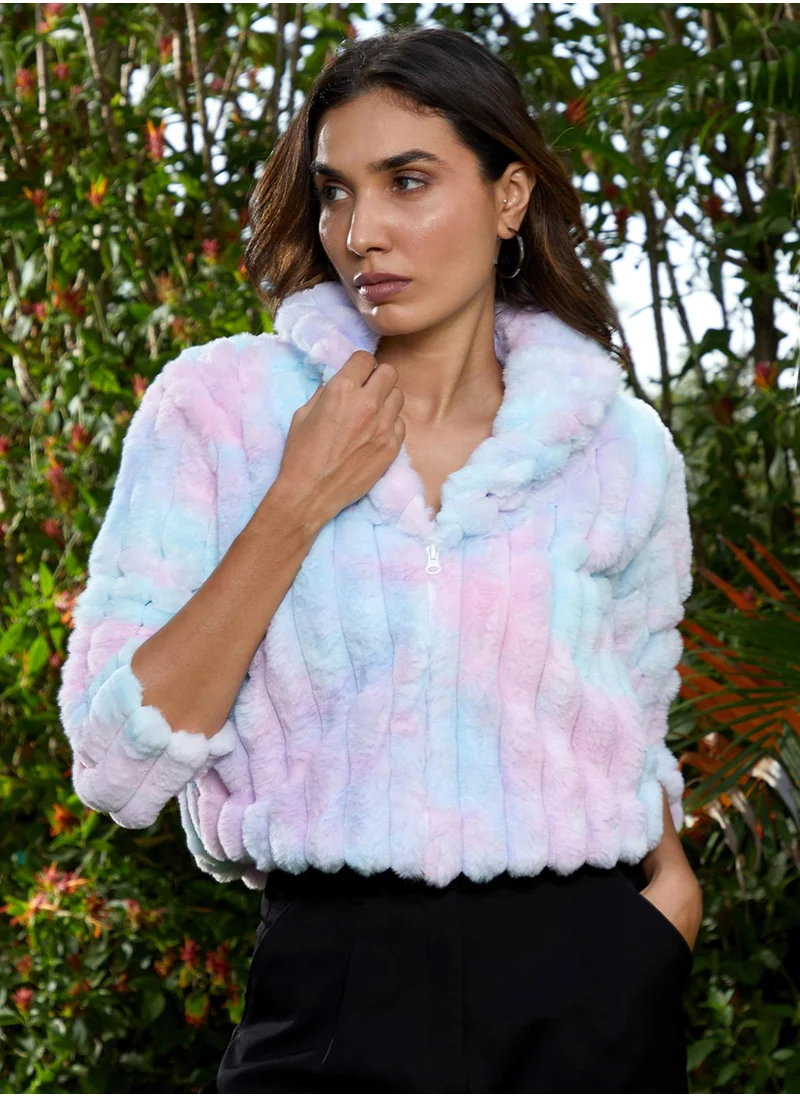 Campus Sutra Women's Powder Blue & Blush Pink Ripple Fur Jacket
