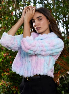 Campus Sutra Women's Powder Blue & Blush Pink Ripple Fur Jacket  - Image 3