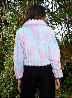 Campus Sutra Women's Powder Blue & Blush Pink Ripple Fur Jacket  - Image 5