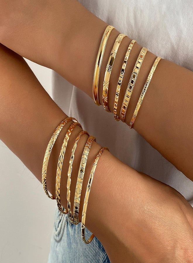 IFKM Gold Bangles Bracelets For Women, 14k Gold Plated Multi Layer Stackable Open Bracelet Set, Elegance Trendy Charms Non Tarnish Minimalist Textured Boho Jewelry Gift for Women, Diameter, Copper, no - Image 3