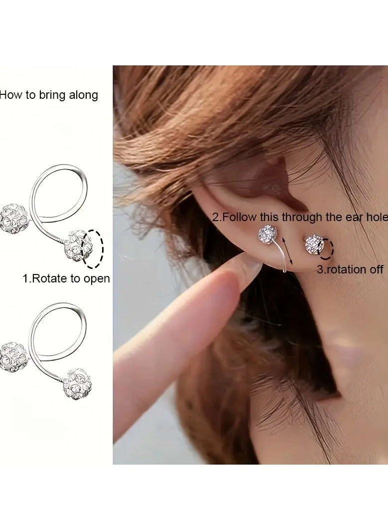 1 Pair Luxury Spiral Rod Ball Earrings, Stainless Steel  925, Versatile Daily Wear  Gift Jewelry, with Rhinestone Inlay for All-Season Fashion Accessory - Image 3