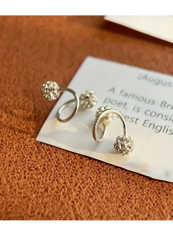1 Pair Luxury Spiral Rod Ball Earrings, Stainless Steel  925, Versatile Daily Wear  Gift Jewelry, with Rhinestone Inlay for All-Season Fashion Accessory - Image 2