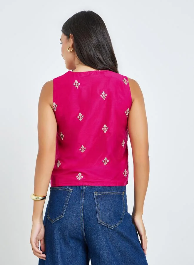 Styli Pink Embroidered Sleeveless Waistcoat