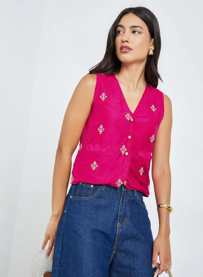 Styli Pink Embroidered Sleeveless Waistcoat