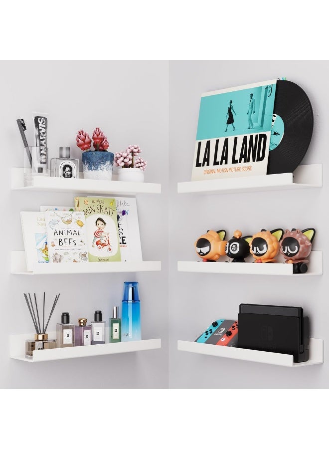 TPGP 6 Pack White Acrylic Shelves, Self-Adhesive 15" Floating Shelf Wall Mount for Kids Bookshelf, Display Ledge Shelves for Bathroom, Living Room, Bedroom, Kitchen - Image 1