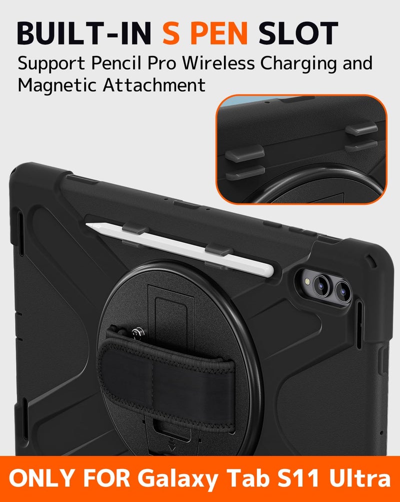 NINKI for Samsung Galaxy Tab S11 Ultra Case Stand 2025, (Strap & Pencil Holder) Shockproof Soft Silicone TPU + PC Protective Cover Cross-Body Lanyard for Samsung Tab S11 Ultra Case 14.6 inch Black - Image 3
