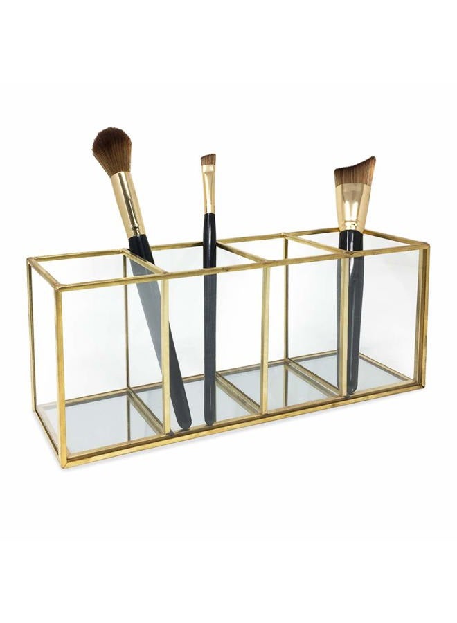 Isaac Jacobs 4-Compartment Organizer- Makeup Brush Holder- Vintage Style Brass and Glass Storage Solution with Mirror Base- Office, Bathroom, Kitchen Supplies and More (Antique Gold) - Image 2