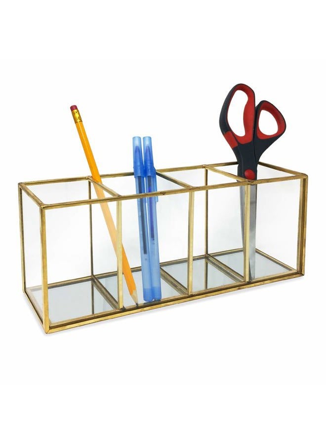 Isaac Jacobs 4-Compartment Organizer- Makeup Brush Holder- Vintage Style Brass and Glass Storage Solution with Mirror Base- Office, Bathroom, Kitchen Supplies and More (Antique Gold) - Image 3