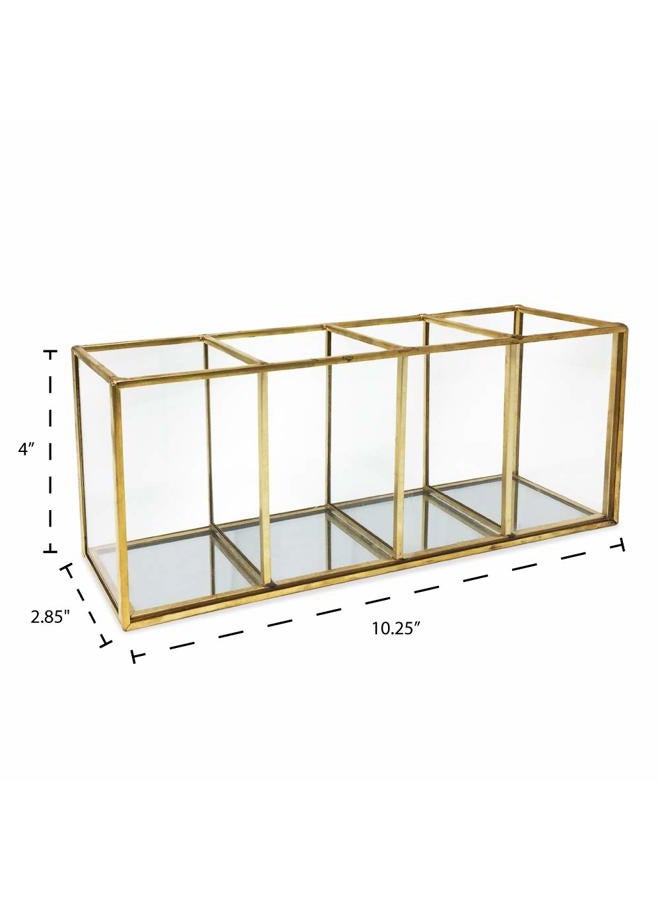 Isaac Jacobs 4-Compartment Organizer- Makeup Brush Holder- Vintage Style Brass and Glass Storage Solution with Mirror Base- Office, Bathroom, Kitchen Supplies and More (Antique Gold) - Image 4