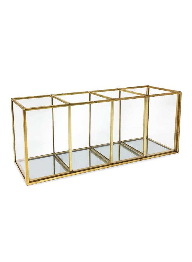 Isaac Jacobs 4-Compartment Organizer- Makeup Brush Holder- Vintage Style Brass and Glass Storage Solution with Mirror Base- Office, Bathroom, Kitchen Supplies and More (Antique Gold) - Image 1