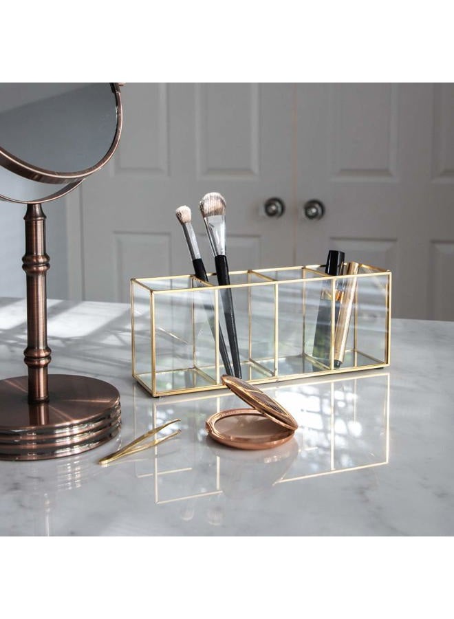Isaac Jacobs 4-Compartment Organizer- Makeup Brush Holder- Vintage Style Brass and Glass Storage Solution with Mirror Base- Office, Bathroom, Kitchen Supplies and More (Antique Gold) - Image 5