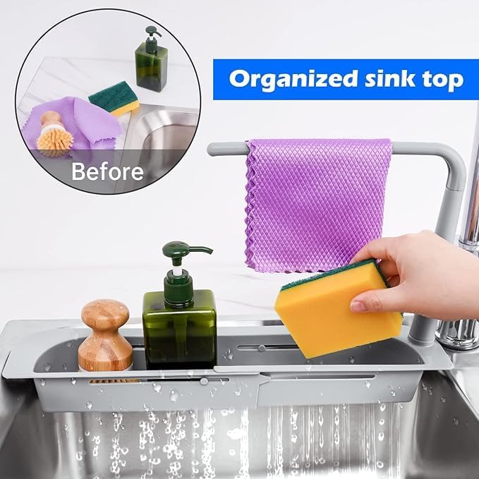 TINKDAS Plastic Long Sink Shelf Expandable Kitchen Drying Basket Rack Sink Sponge Shelf BrushSoap Drainer Rack Telescopic Sink Storage Rack Pack of 1 Multicolored - Image 2