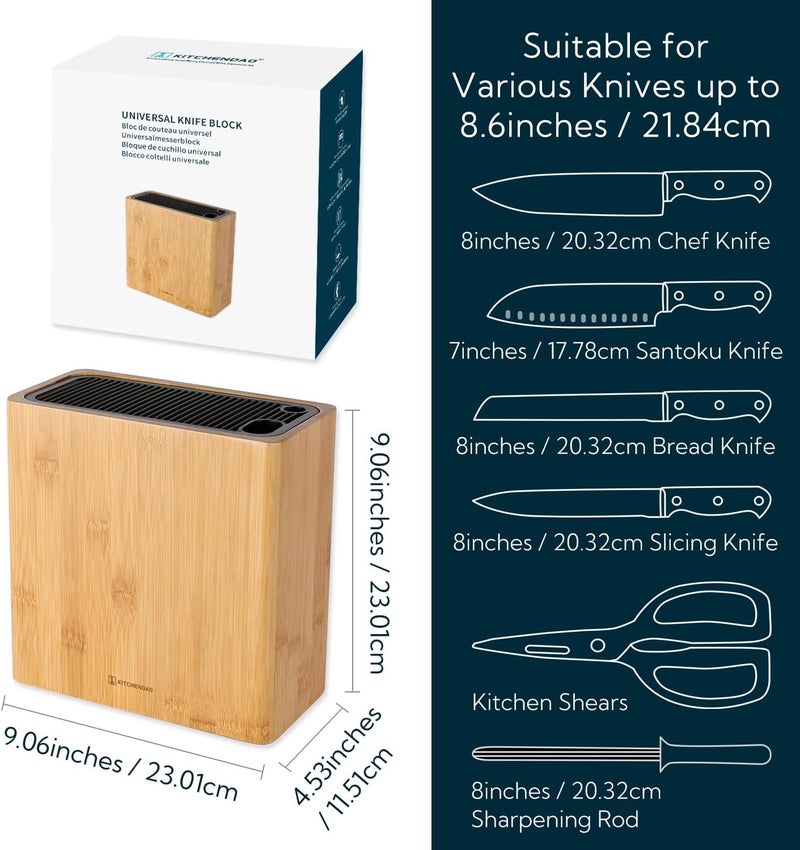 KITCHENDAO XL Bamboo Universal Knife Block with Slots for Scissors and Sharpening Rod - Knife Holder For Safe, Space Saver Knives Storage - Unique Slot Design to Protect Blade - Eco-friendly Bamboo - Image 5