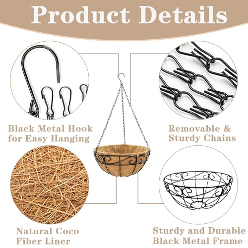 EIMQUVW Outdoor Metal Hanging Planters Basket (2pack, 12 inch) Hanging Baskets for Plants Chain Round Wire Plant Holder with Coco Fiber Liners for Garden, Patio, Deck, Porch(Flower Border) - Image 5