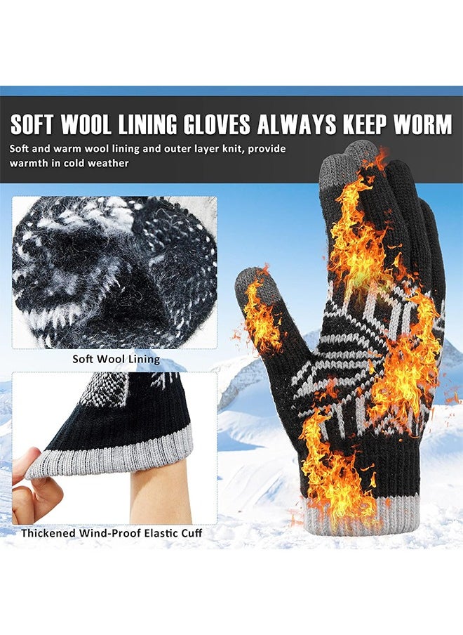 2 Pairs Winter Gloves Men Women, Wool Knitted Thermal Warm Gloves Anti-Slip Touch Screen Gloves For Cycling Running Climbing Hiking Outdoor Work Sports, Black And Grey