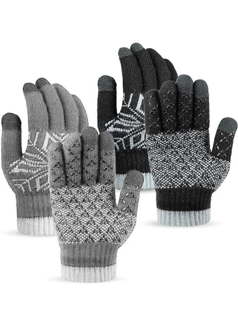 2 Pairs Winter Gloves Men Women, Wool Knitted Thermal Warm Gloves Anti-Slip Touch Screen Gloves For Cycling Running Climbing Hiking Outdoor Work Sports, Black And Grey