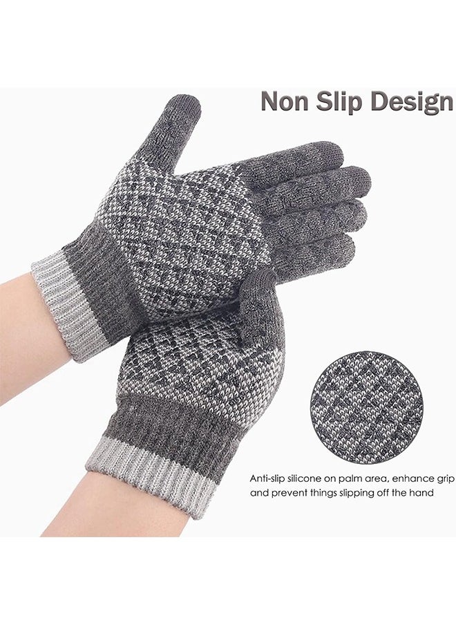 2 Pairs Winter Gloves Men Women, Wool Knitted Thermal Warm Gloves Anti-Slip Touch Screen Gloves For Cycling Running Climbing Hiking Outdoor Work Sports, Black And Grey