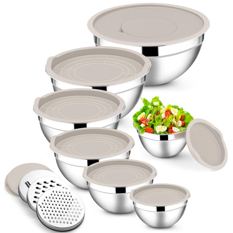E-far Efar Mixing Bowls with Lids Set 7Piece Stainless Steel Metal Mixing Bowls with Grater Attachments Size 46 35 26 2 15 1 07QT Nesting Design Khaki Airtight Lids For CookingServing - Image 2