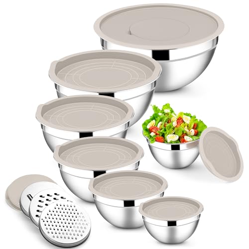 E-far Efar Mixing Bowls with Lids Set 7Piece Stainless Steel Metal Mixing Bowls with Grater Attachments Size 46 35 26 2 15 1 07QT Nesting Design Khaki Airtight Lids For CookingServing - Image 1