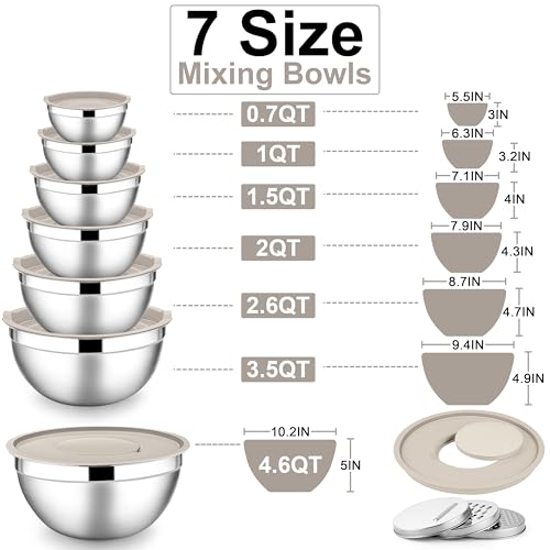 E-far Efar Mixing Bowls with Lids Set 7Piece Stainless Steel Metal Mixing Bowls with Grater Attachments Size 46 35 26 2 15 1 07QT Nesting Design Khaki Airtight Lids For CookingServing - Image 3