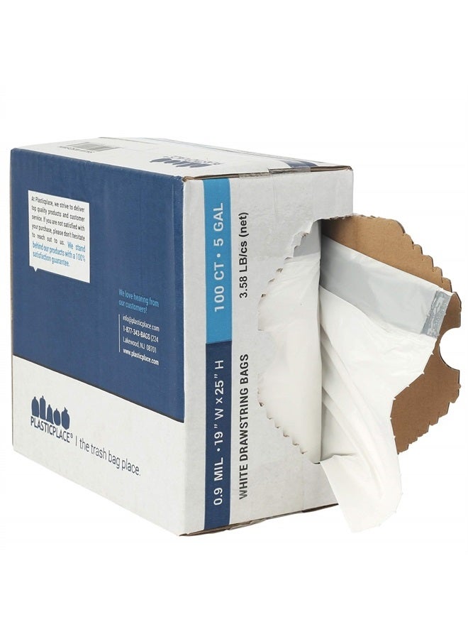 Plasticplace أكياس القمامة - أكياس قمامة سعة 5 جالون بيضاء│سمك 0.9 مل، تصميم قوي مع حبل سحب│حجم 19" × 25" (100 قطعة) - Image 3