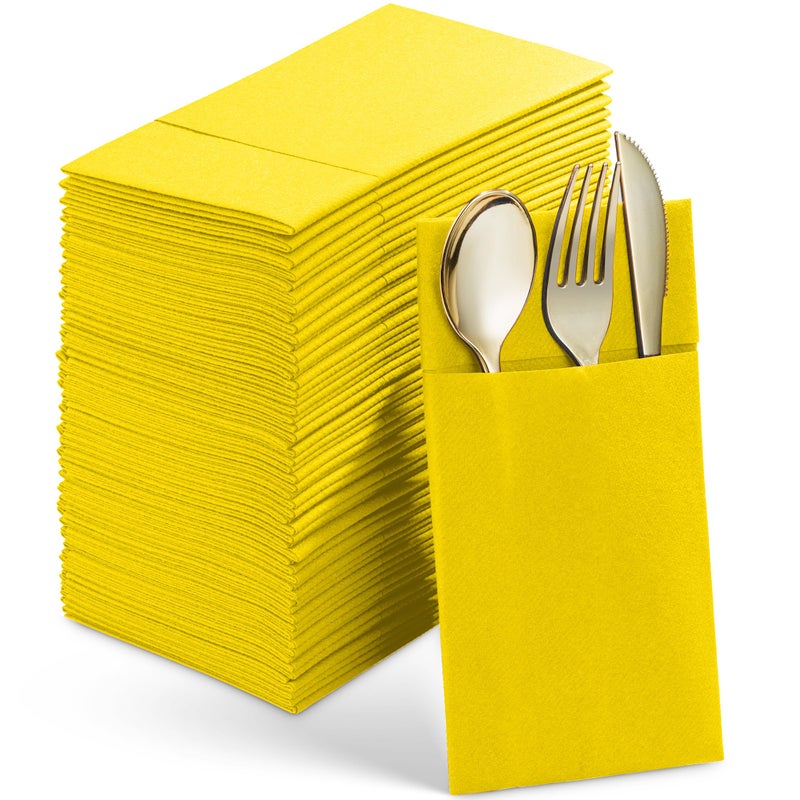 Servietto 50-Pack Disposable Linen-Feel Dinner Napkins With Built-in Flatware Pocket  YELLOW Prefolded Cloth Like Paper Napkins For Wedding  Dinner Or Party - Image 1