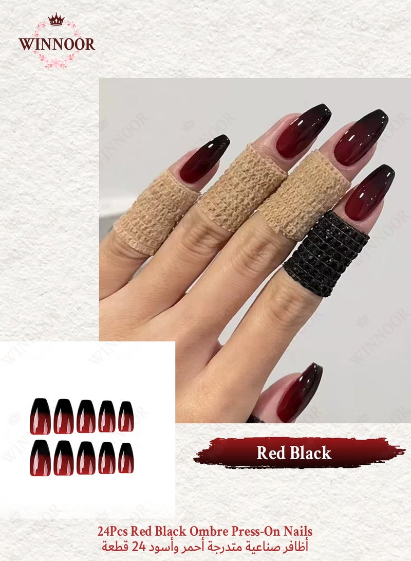 وينور أظافر صناعية متدرجة أسود وأحمر – 24 قطعة، لمظهر عصري وجذاب - Image 3
