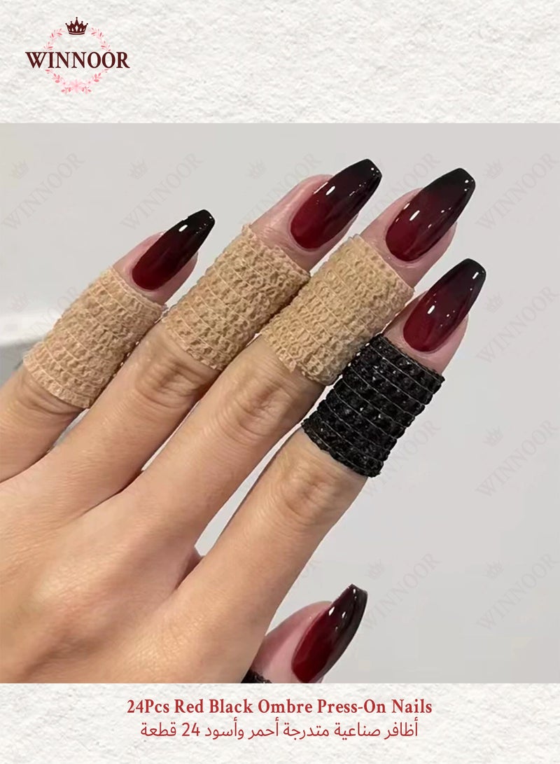 وينور أظافر صناعية متدرجة أسود وأحمر – 24 قطعة، لمظهر عصري وجذاب - Image 1
