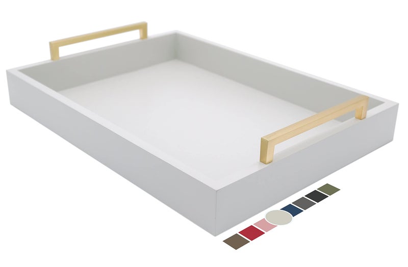 Montecito Home Decorative Coffee Table Tray  Ottoman Tray  Breakfast Drinks Liquor Serving Platter  from Farmhouse to Modern  Matte Finish  Champagne Gold Handles  Harbor Gray