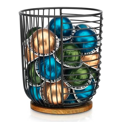 MosJos Coffee Pod Holder -Black Wire K Cup Storage with Wooden Base - Large Capacity Slim Design - Modern Coffee Basket Decor for Kitchen Countertop for Keurig Kcups & Espresso Capsules - Image 1