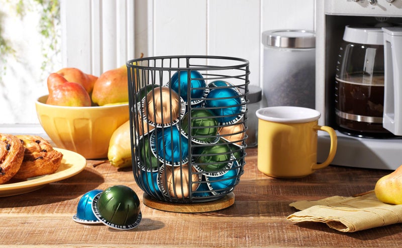 MosJos Coffee Pod Holder -Black Wire K Cup Storage with Wooden Base - Large Capacity Slim Design - Modern Coffee Basket Decor for Kitchen Countertop for Keurig Kcups & Espresso Capsules - Image 2