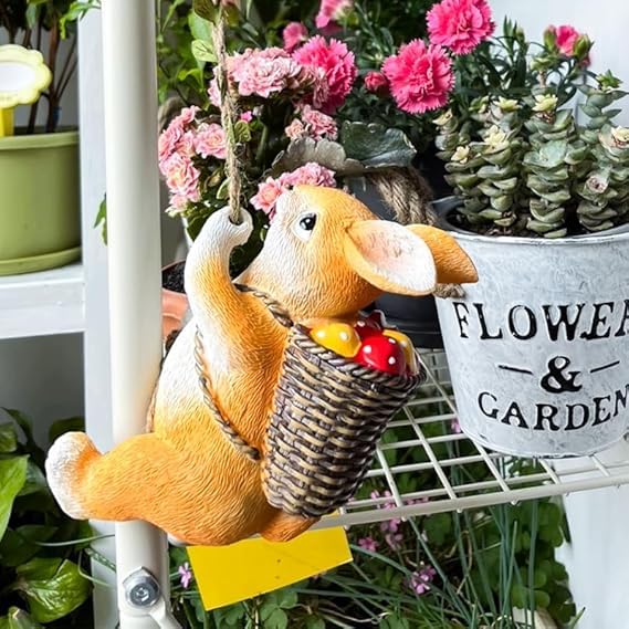 The Decorshed Cute Resin Climbing Bunny, Climbing Rabbit Tree Hugger, Miniature Decorative Items with Rope & Hook, Decorative Ceiling Planter Decoration - Image 3