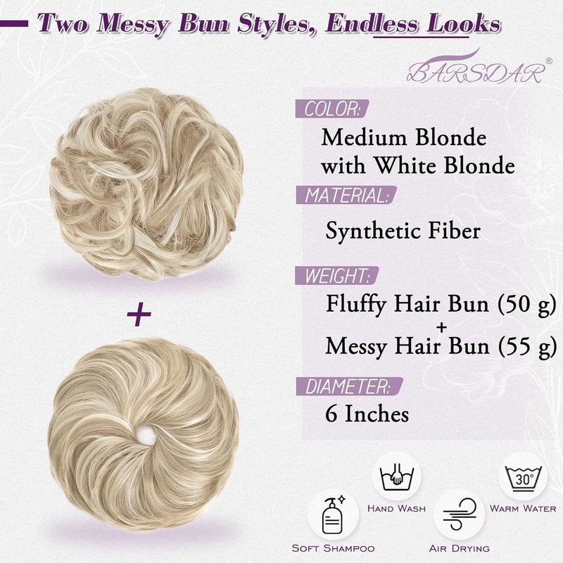 BARSDAR 2 PCS Messy Bun Hair Pieces, Elastic Messy Hair Bun Scrunchies Extensions for Women Synthetic Thick Fluffy Updo Chignons Hairpieces - Medium Blonde with White Blonde - Image 2