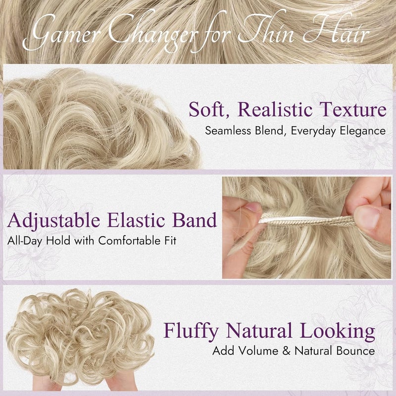BARSDAR 2 PCS Messy Bun Hair Pieces, Elastic Messy Hair Bun Scrunchies Extensions for Women Synthetic Thick Fluffy Updo Chignons Hairpieces - Medium Blonde with White Blonde - Image 4